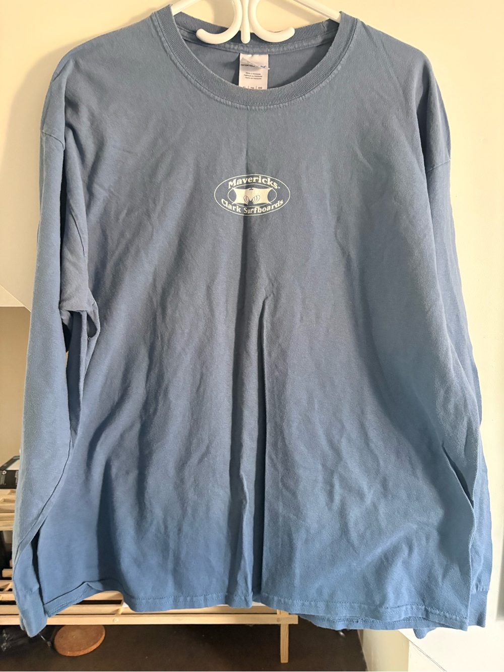 Jeff Clark Surfboards Long Sleeve Mavericks surf Tee in Light Blue.